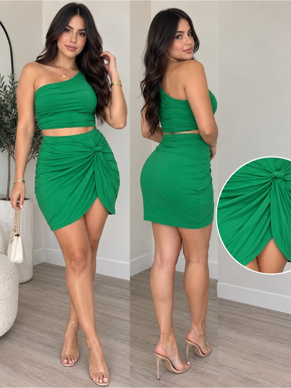 SHEIN Green One-Shoulder Ruched Knot Mini Skirt Set